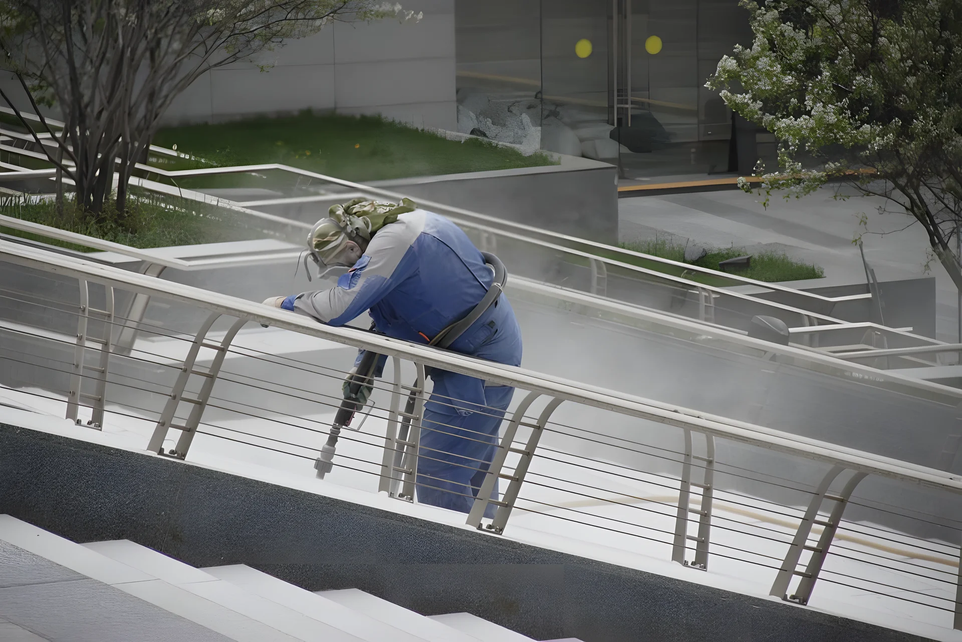 Operator blasting a stair handrail on site