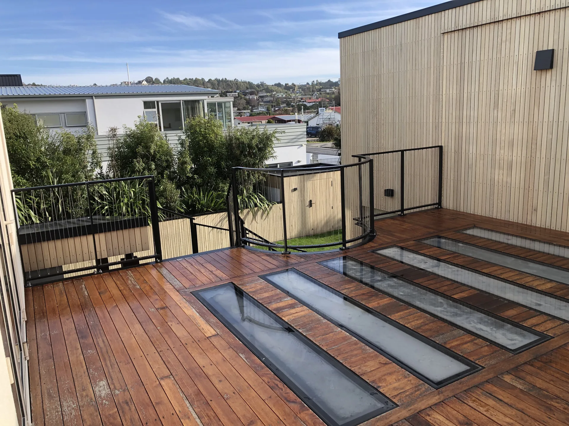 Steel balustrade on a timber deck, made by Abbott Steel